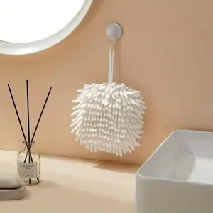 1pc Soft Absorbent Chenille Hand Towel Balls, Kitchen Hand Towel Hanger, Quick Dry Hand Bath Towel, Bathroom Hand Towel With Ring, Simple Fashionable Home Hanging Loop Towel, Super Absorbent Towel, Hangable