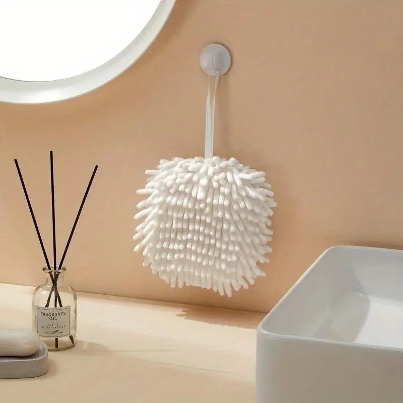 1pc Soft Absorbent Chenille Hand Towel Balls, Kitchen Hand Towel Hanger, Quick Dry Hand Bath Towel, Bathroom Hand Towel With Ring, Simple Fashionable Home Hanging Loop Towel, Super Absorbent Towel, Hangable