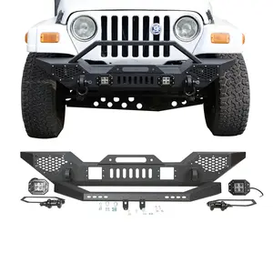 Front Bumper Compatible with Wrangler TJ 1997-2006 (2/4 Doors), Full Width Off-Road Rock Crawler Bumper with 2 x LED Lights, Heavy Duty Steel, Black