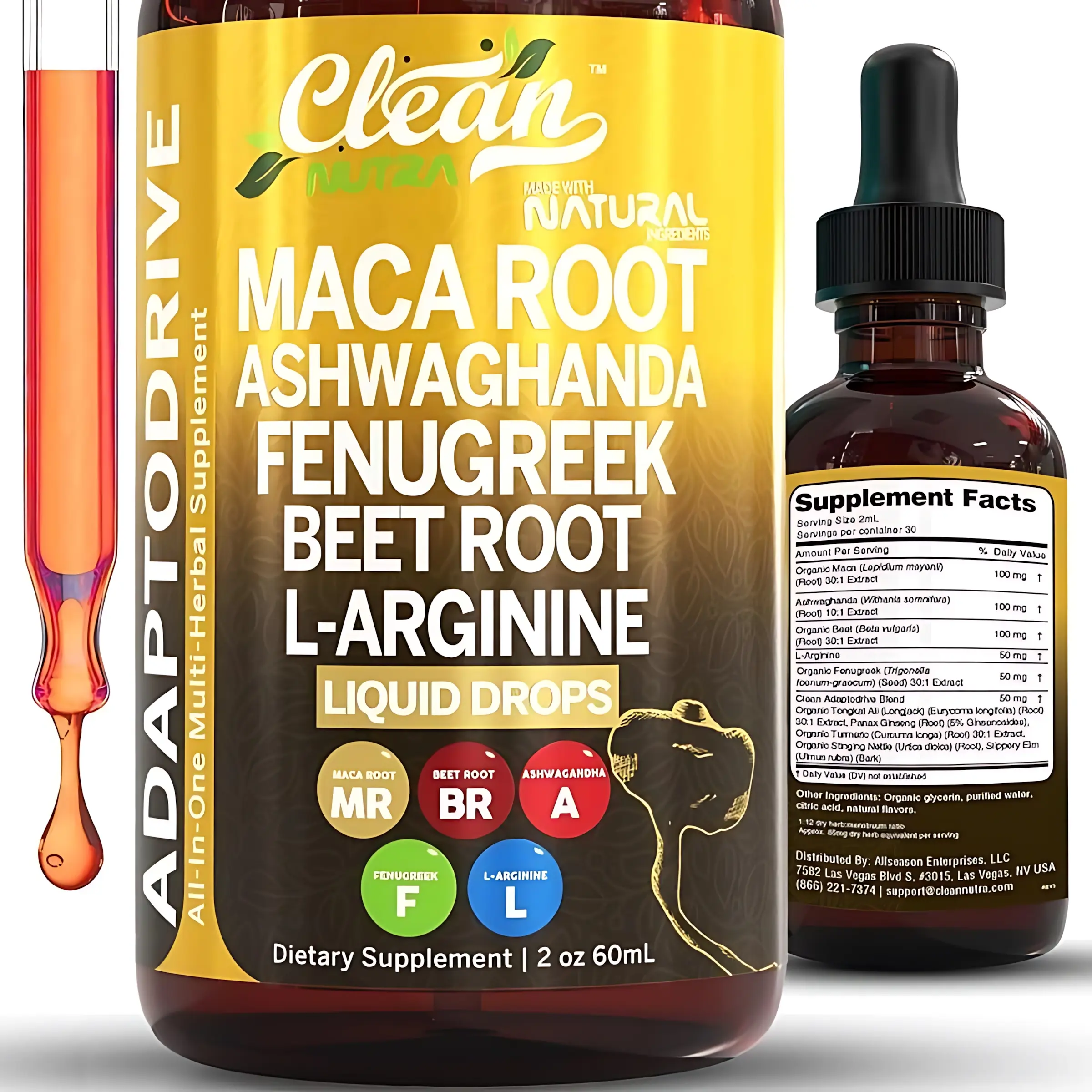 Clean Nutra Maca Root Drops for WomenAshwagandha, Fenugreek, Beet Root, L-Arginine& More for Women & Men's Optimum HealthLiquid Drop- Adapto Drive