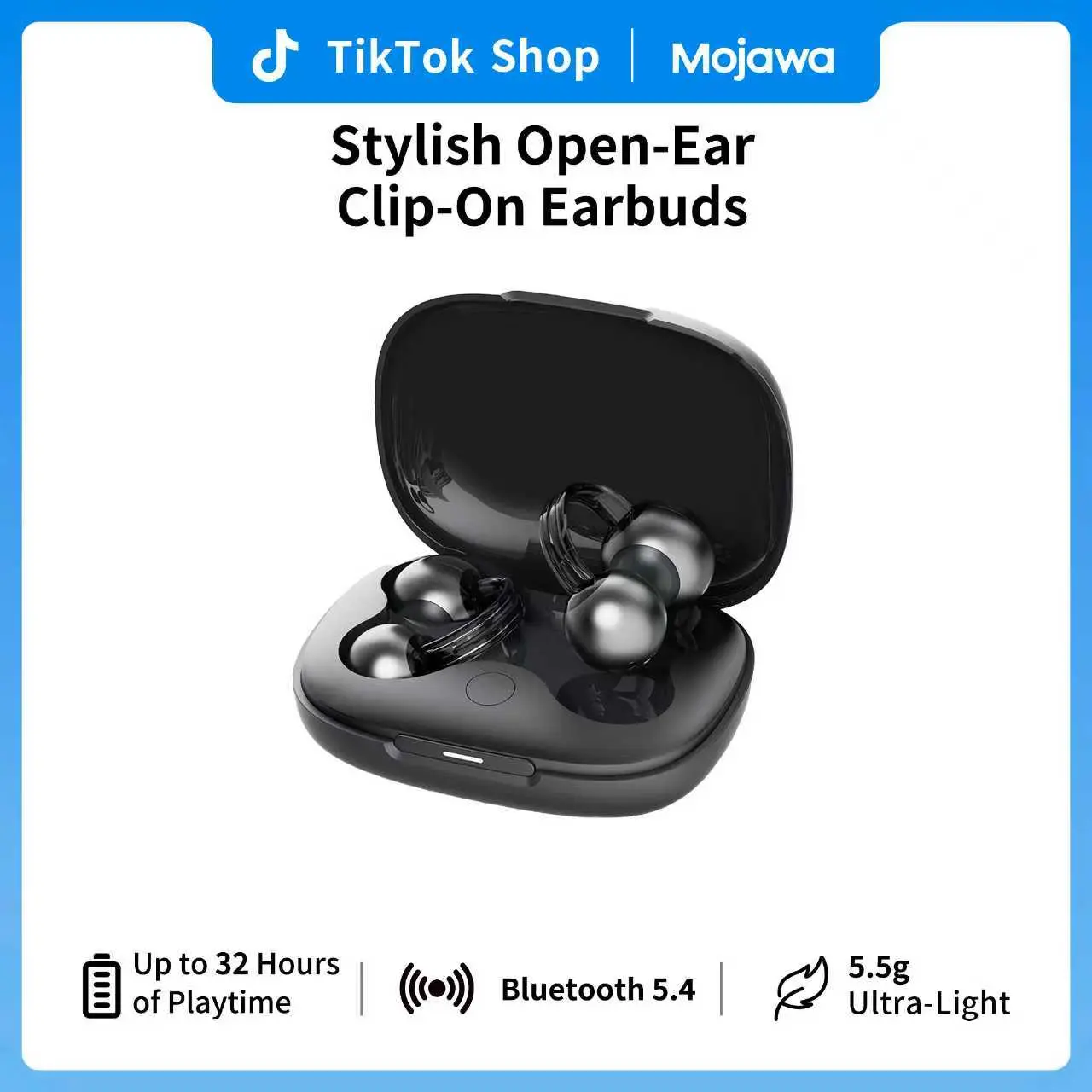 MOJAWA StarClip Open Ear Bluetooth Clip-On Headphones - Audio Fashion Wireless Headset, IP54 Sweat-Water Resistant, 4D Panoramic Sound, Soft Silicone Grip, Lightweight Secure Fit, Headphone for Sports, Commuting