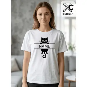Personalized Custom Name T-Shirt with Cat Peeking Print - Text/Name & Matching Couples Outfits Suitable for Men Women, Breathable Short Sleeve Crew Neck Top, Fun Gift Lovers, Machine Washable Year-Rou