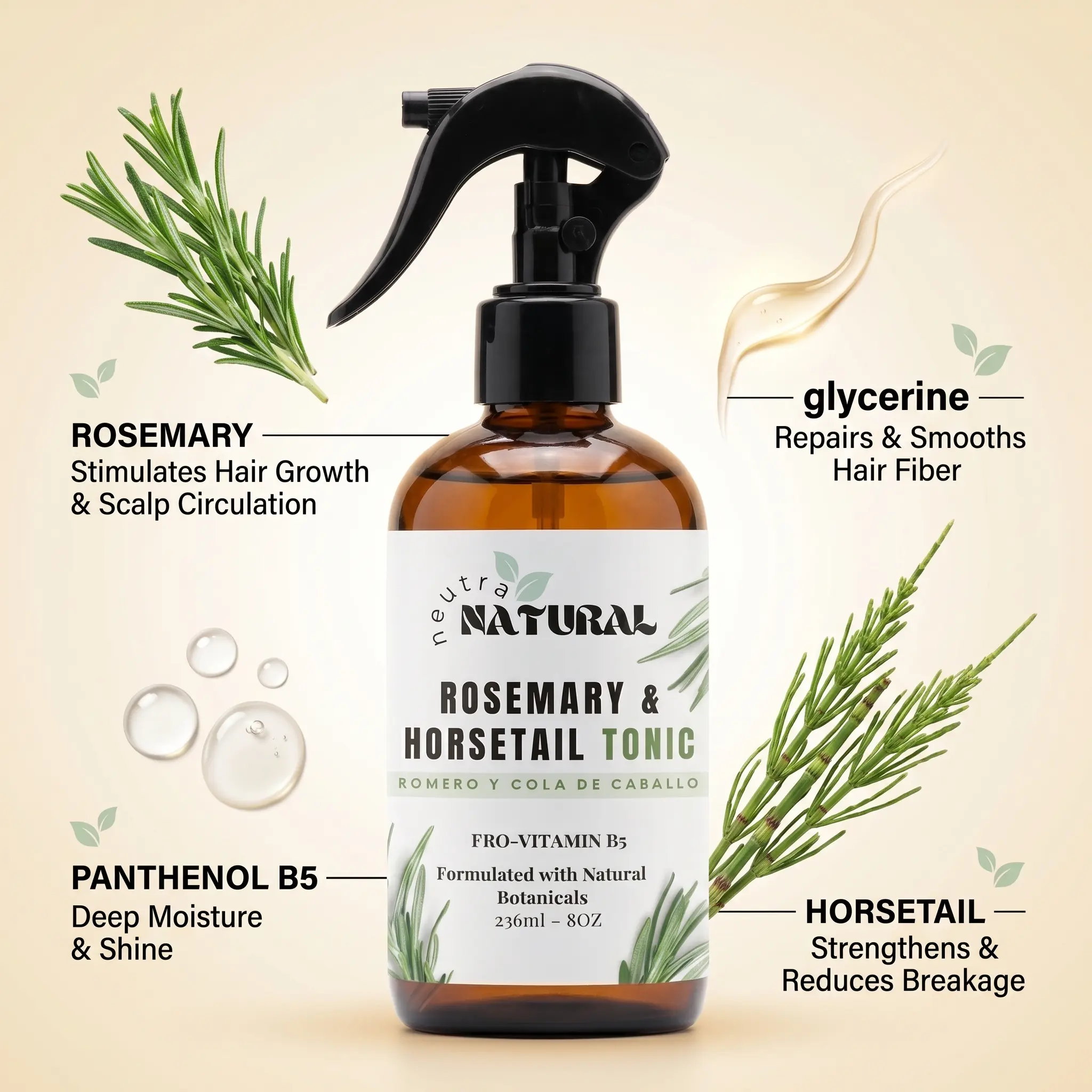 NEUTRA NATURAL Rosemary & Horsetail Hair Growth Tonic - Clean Beauty Herbal Haircare Scalp Treatment, Vegan Daily Nourishing Water-based Botanical Formula, Sulfate-Paraben Free, No Artificial Fragrance, Promotes Healthy Scalp & Fuller-Looking Hair