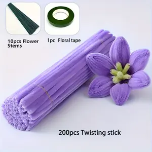 211 Pieces Handmade Materials Super Dense Twist Ties, Multi-color, Including 200 Tube Cleaners, 10 Flower Stems, 1 Roll Floral Tape, for Handcrafting, Chenille Flower Stems, Tube Cleaners Floral Set, Diy Material, Diy Flower Decor