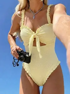 Women's Fashion One-Piece Swimsuit, Solid Ruched Swimsuit, Stylish Bathing Suit for Summer, Comfortable and Trendy Swimwear for Women, Swimsuit Style, Perfect for Beach and Pool