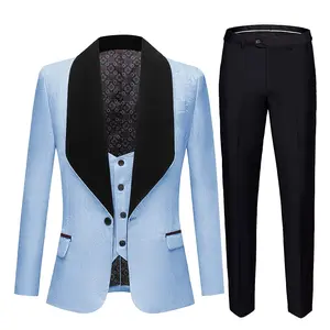 Suits for Men 3 Piece Regular Fit Set with Floral Pattern Blazer Jacket, Waistcoat and Pants for Wedding (Suit Jacket + Pants + Vest)-Blue Men's Three-Piece prom suit