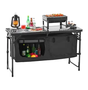 Camping Kitchen Table Folding, Outdoor Cooking Table 3 Adjustable Heights, Aluminum Lightweight Portable Cook Station with Storage Organizer, Black 47x19.3 inch