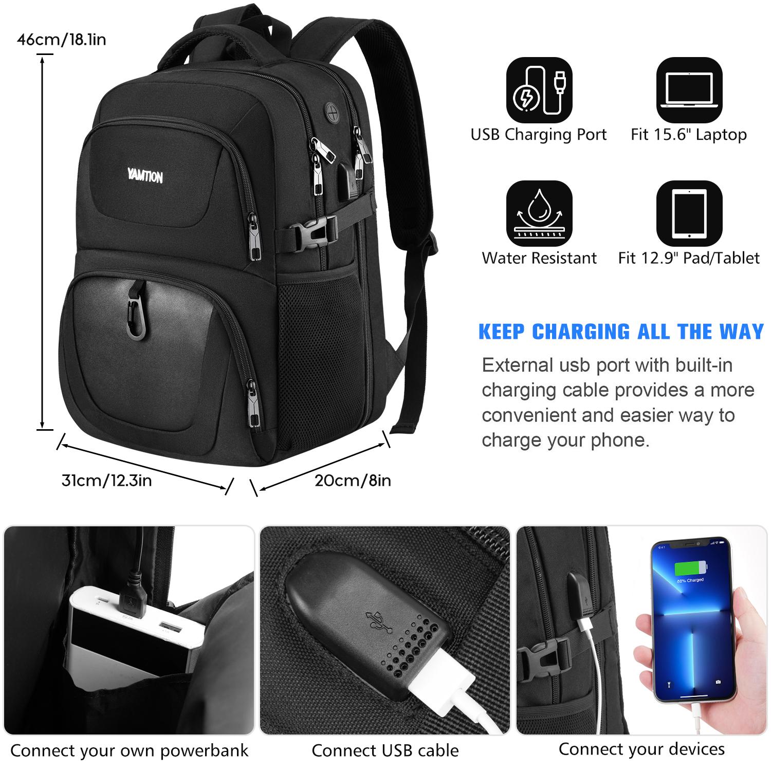 YAMTION 15 Inch Laptop Backpack, Large Capacity Backpack with USB Charging Port & Headphone Jack, Water Resistant Multi-Compartment Bookbag for Teens, College Students, Working Adults, School, Work, Office, Business Trips, Travel & Daily Commute