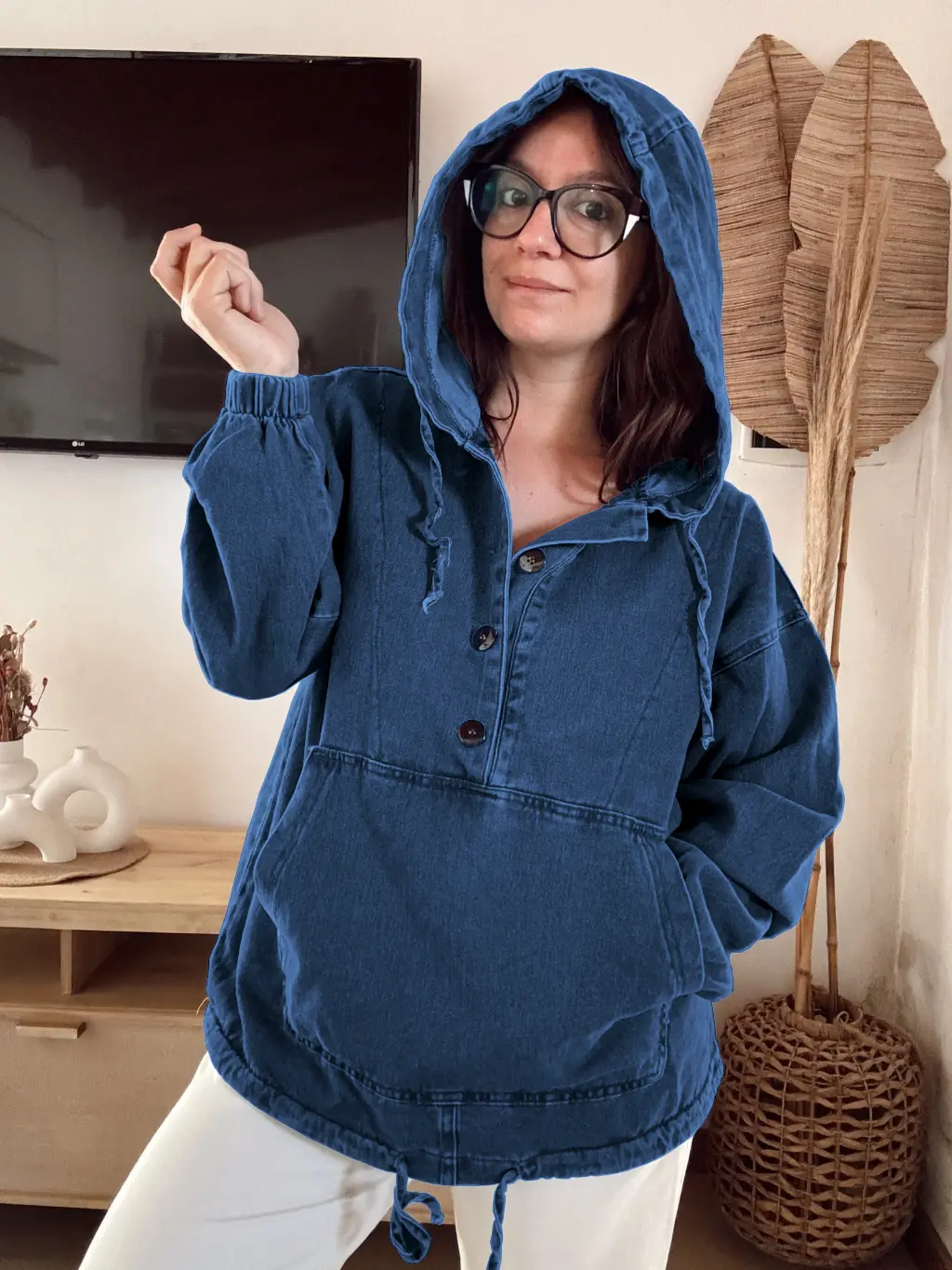 Women’s Denim Hoodie Jacket Lightweight Button Up Jean Pullover with Drawstring Hood Casual Long Sleeve Sweatshirt