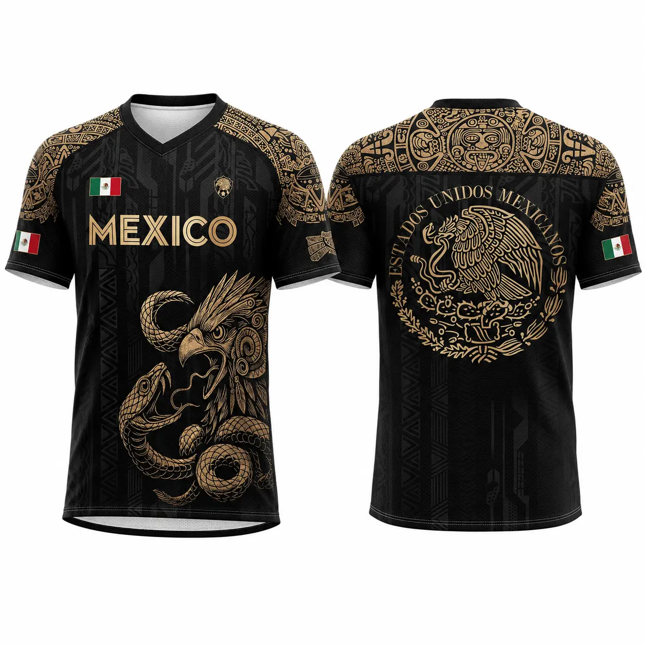 Men's 2026 Mexico Black Short-Sleeve Sports T-Shirt - Mexico Shirt, Gold Eagle Snake Graphic, Aztec Heritage Print, Mexican Flag Detail, Estados Unidos Mexicanos Back Design, Casual Athletic Top