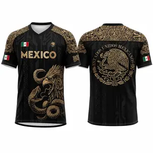 2026 Mexico Black Short Sleeve Sports T-Shirt for Men, Gold Eagle Snake Graphic Tee, Aztec Pattern Heritage Print, Mexican Flag Detail, Estados Unidos Mexicanos Back Design, Casual Athletic Top