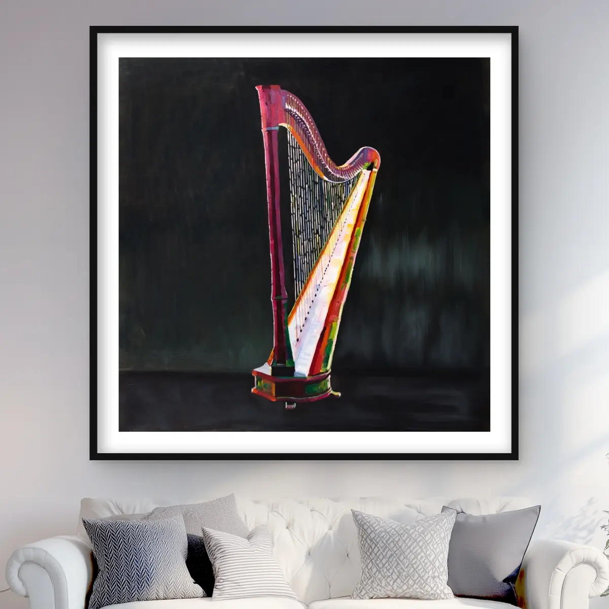 Begin Home Decor C1FM48487RA3FN 48 x 48 in. Colorful Realistic Harp - Black Musical Framed Matted Print Wall Art