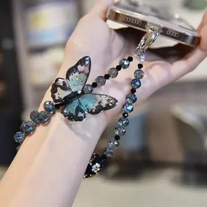 Butterfly Design Beaded Phone Chain,  Premium Smudge Bow Beaded Crystal Lanyard, Phone Wrist Lanyard, Earphone Case Key Camera Ornament, Charms- LT002