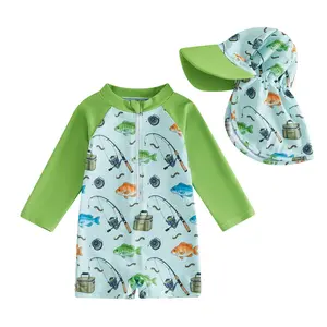 Infant Toddler Boy 2-Pieces Animals Print Polyester Blend Rash Guard Swimsuit - Zipper-Front Sunsuit Bathing Suit with Hat, Sun Protection Shirts, Baby Beachwear