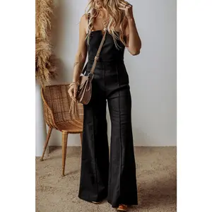 Black Seamed Zipper Spaghetti Strap High Waist Flared Jumpsuit