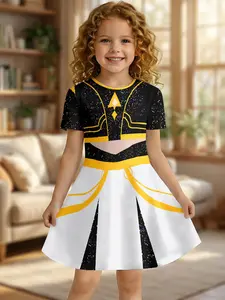 Cool Anime Style Short Sleeve Princess Dress, Fitted Knee Length, Asymmetrical Design, Casual All over Print