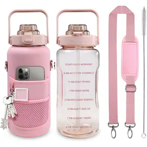 Half Gallon Water Bottle with Sleeve, 64OZ Motivational Water Bottle with Straw & Time Marker, BPA Free Leakproof Gym Water Bottle for Sport Workout Chokoter