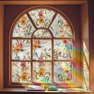 Floral Pattern Glass Window Film Roll, Privacy Protection & Decorative Design, Easy-Apply Rainbow-Colored Glass Decal Sticker for Windows, Ideal Gift, Sticker Decoration UV 17.7" x 39.4" Stained Retro