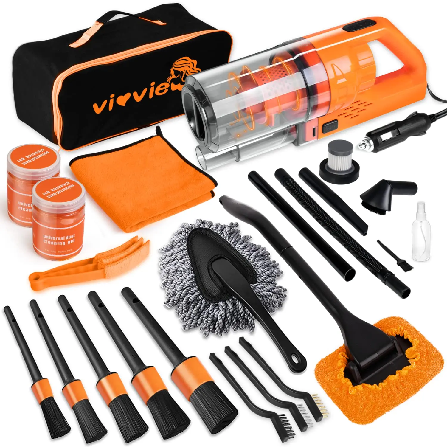 【summerfinds】Vioview Car Detailing Kit Interior Cleaner, 17Pcs Car Cleaning Supplies with High Power Portable Car Vacuum, Detailing Brush Set, Windshield Cleaner, Complete Orange Car Accessories for Women/Men Gift，Summervibes