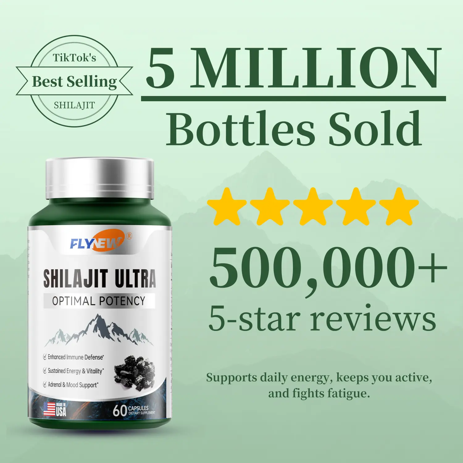 FLYNEW Optimal Potency | Shilajit Ultra | Adaptogen Energy Stamina Immune Antioxidants | Made in USA | 60 Capsules