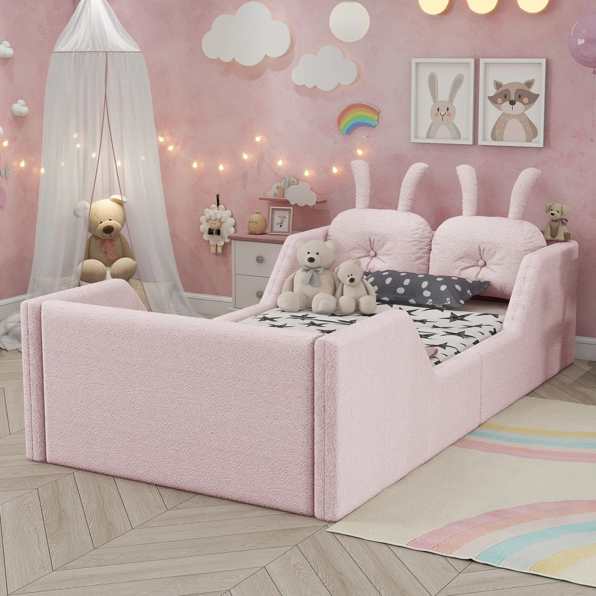 Bellemave Twin Size Upholstered Platform Bed Frame, 78.5x43.11x21in Soft Teddy Fabric Floor Bed, Removable Safety Rails, Rabbit Cushion for Kids' Mattress