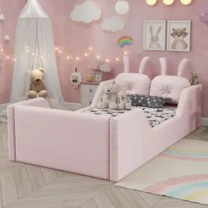 Bellemave Twin Size Upholstered Platform Bed Frame  Floor Bed with Rabbit Cushion, Soft Teddy Fabric, Removable Safety Rails, High Guardrails for Safe Single Mattress Use in Children's Indoor Spaces