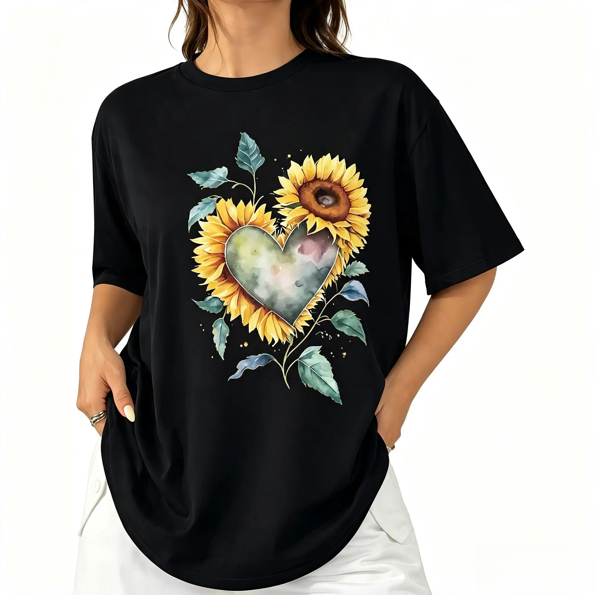 Women's Summer Sunflower & Heart Print Crew Neck Short Sleeve Casual T-Shirt Graphic Tees Women Tops