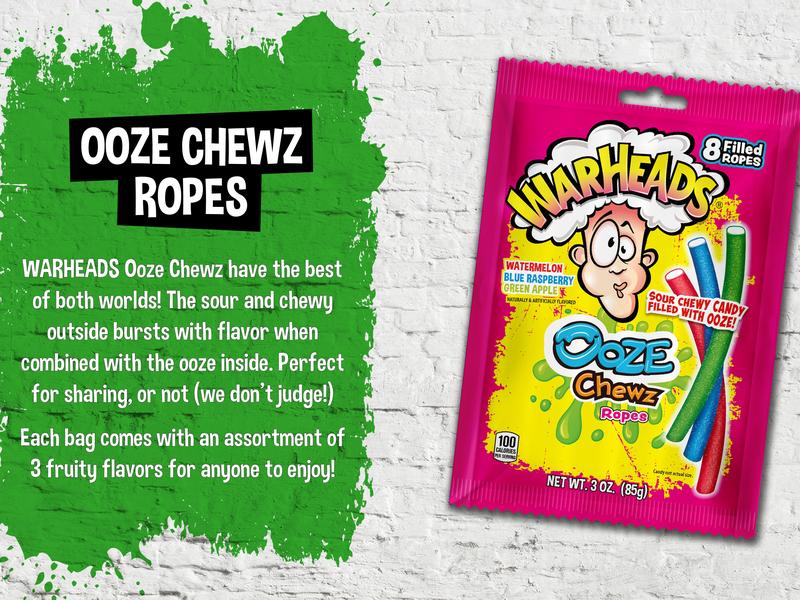 Warheads Ooze Chewz Ropes - 3 oz Bags - 3 Pack - Watermelon, Blue Raspberry & Green Apple Flavors - Double Sour Delight - Tangy Licorice Ropes with Sour Filling - Sweet & Sour Snack Bonbon Candy Candies Chewy