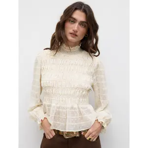 Cider High Neck Shirred Lettuce Trim Long Sleeve Blouse