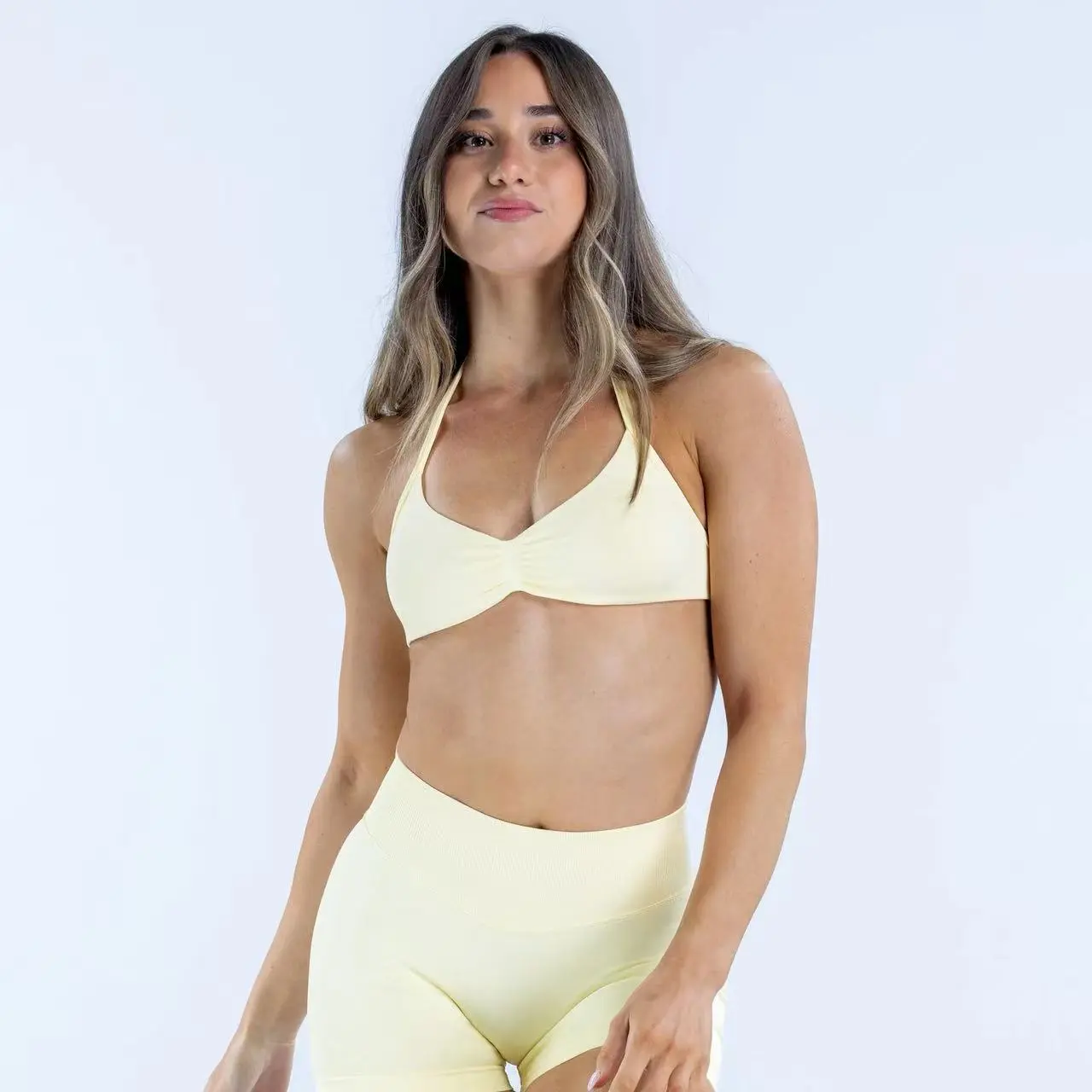 (With Logo) DF Impact Women’s 2-Piece Halter Workout Set - Sleeveless Quick Dry Ruched Front Backless Sports Bra, High Waist Sculpting Above Knee Female Fit Gym Yoga Outfit, Women's Workout Sets, Sleeveless Top