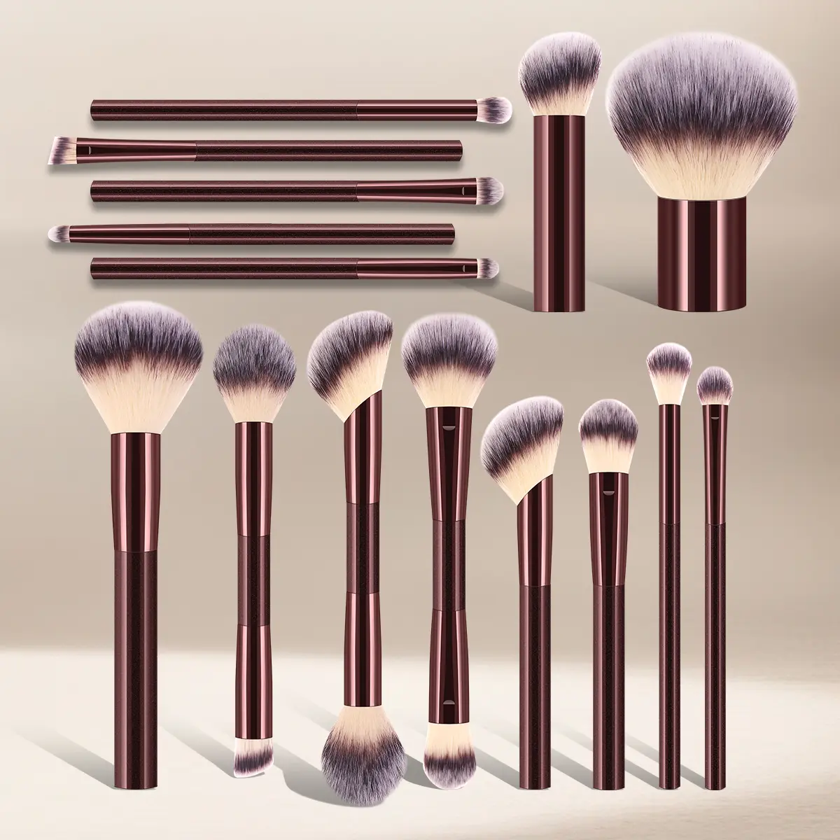 15-Piece Dual-Ended Makeup Brush Set, Soft Vegan Bristles for Face & Eye, Professional Cosmetic Kit for Beginners and Sensitive Skin - Wine Red, Set & Kits Dual Ended Brushes