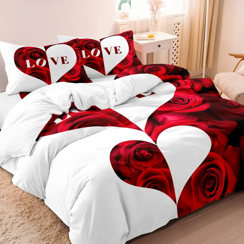 Heart Rose Letter Flower Modern Bedding Set, 2/3 Piece (1 Fitted Sheet + 1/2 Pillowcases), 90g Polyester Fiber, Ca Prop 65 Compliant
