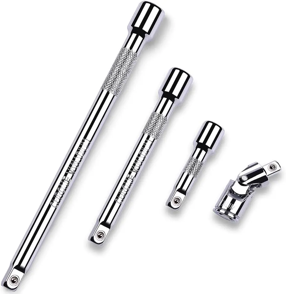 4 Piece 3/8" Drive Extension Bar Set, 3/8" Drive Socket Extension Set | Includes 3", 6", and 10" Extensions and Universal Joint Socket