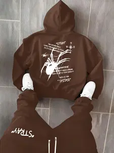 Men's stylish hoodie and pants set, featuring a trendy American street style with letter spider print, fashionable and casual, made with slight stretch and delicate pockets.Men's Clothing Men's Apparel