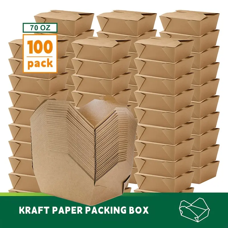 70oz 100pack Kraft Paper to-Go Boxes, Disposable Takeout Food Containers, Greaseproof Lunch Boxes for Hot & Cold Meals, Heavy-Duty Paper Carry Out Containers for Restaurants, Catering, Parties & Picnics