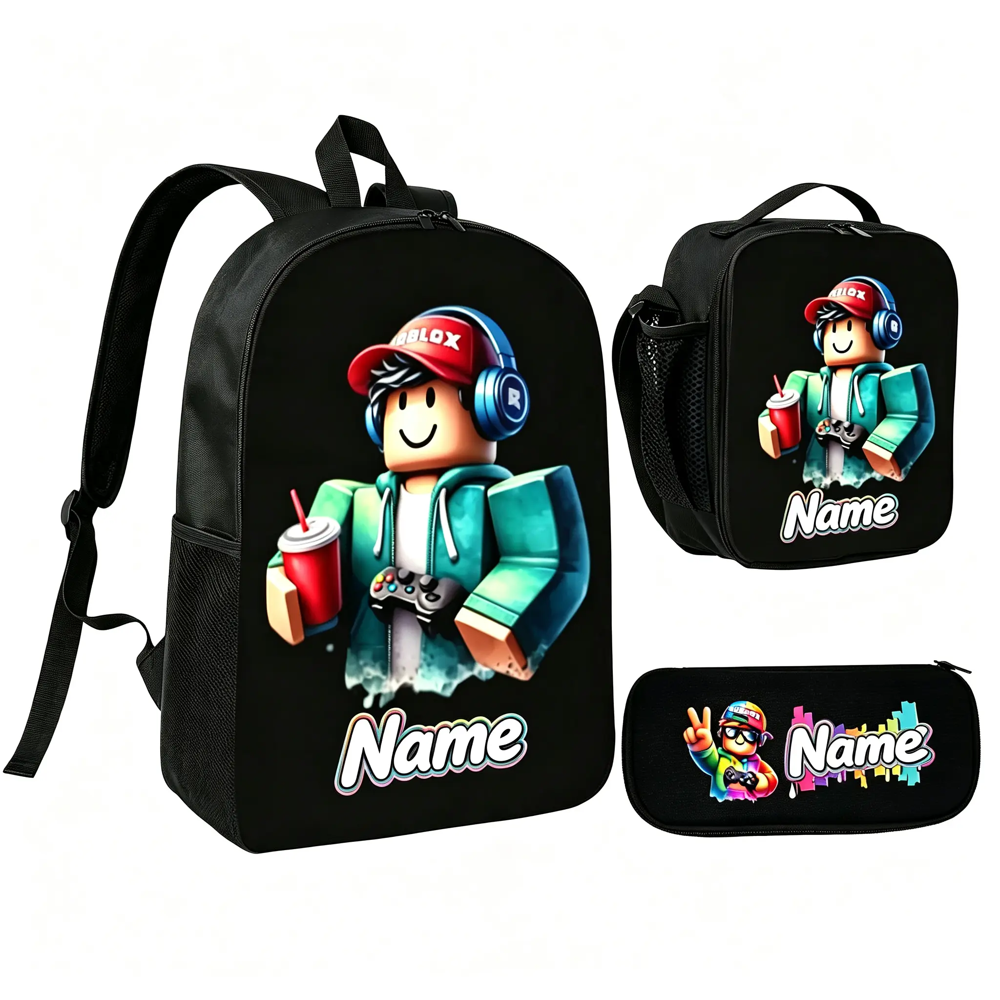 Customizable/Personalized Name Unisex Roblox Character Printed School Backpack Set (1/3PCS), Suitable for Children - Lightweight and Durable Bag with Lunch Box and Pencil Box, Back to School Gift