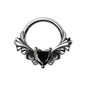 Winged Black CZ Crystal Heart Hinged Segment Clicker Ring - 316L Stainless Steel