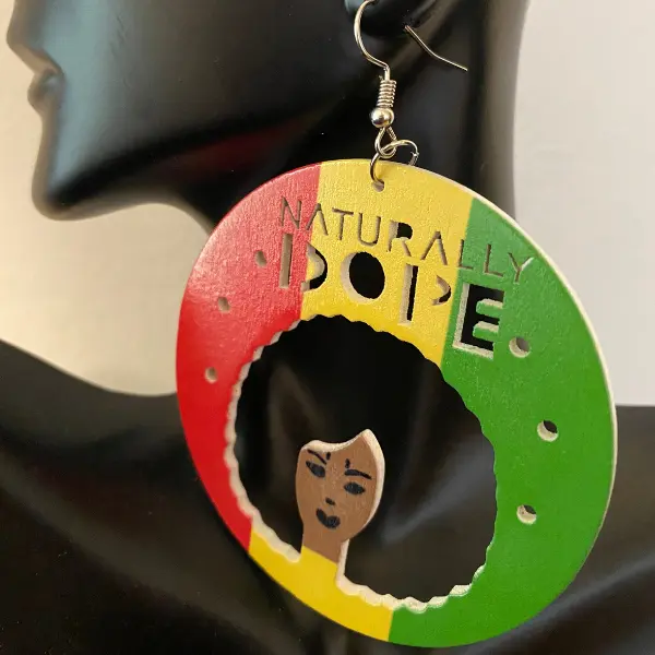 Naturally Dope Large Wooden Black Women's Afro Dangle Earrings | Lightweight Statement Afrocentric Rasta Reggae Jamaican Symbolic Tribal