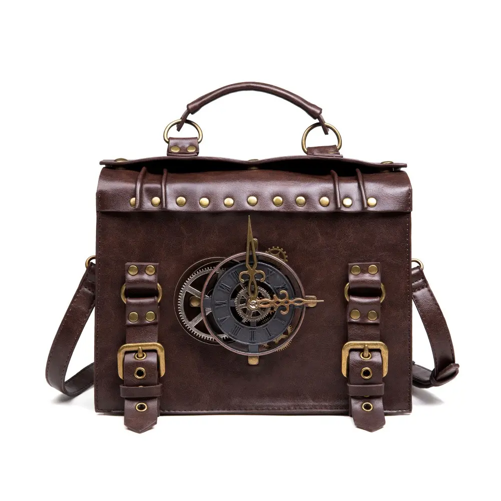 Vintage Steampunk Gear Clock Box Crossbody Bag, Bronze Buckle Rivet PU Leather Handbag with Top Handle
