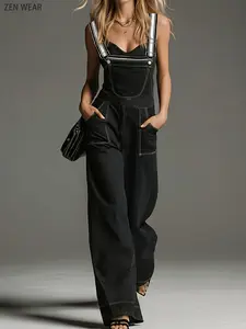 New Arrival Spring Summer Retro Denim Overalls High Waist Slimming Straight Leg Casual Pants, Women's Fashionable Comfortable Jeans