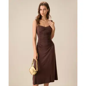 Rihoas Women's Sleeveless Coffee Viscose Spandex Side-Ruched Knitted Fitted Skinny Casual Midi Slip Dress - Comfortable, Breathable Women's Clothes, Elegant Dresses for 2 Key Occasions, Elegant Dresses For Women