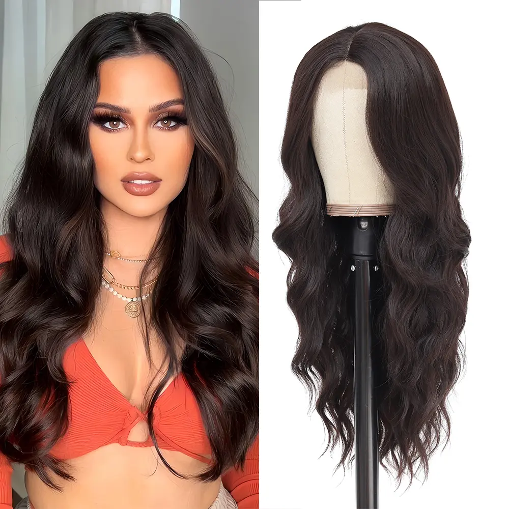 Long Dark Brown Wig for Women 26Inch Wavy Curly Chocolate Brown Brunette Wigs Synthetic Heat Resistant Hair Replacement Wig