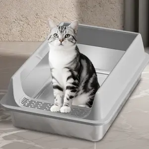 Premium Stainless Steel Cat Litter Box with High Shield & Anti-Tracking Pedal - Large Metal Litter Tray for Odor Control