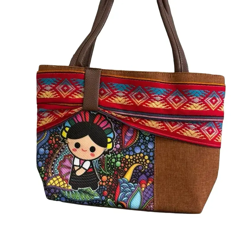 Frida Shoulder Bag with Colorful Design and Character Embroidery - Casual Style