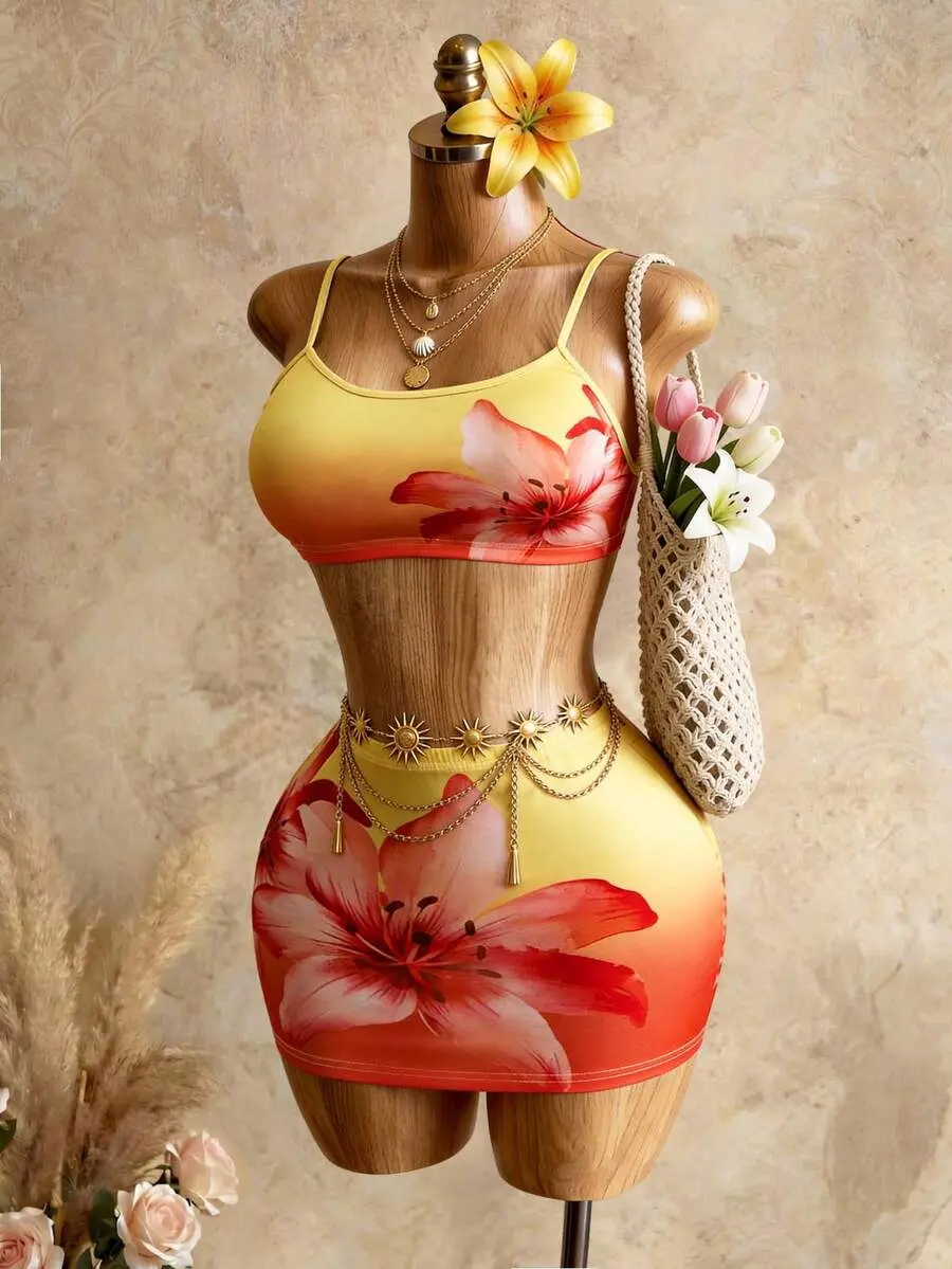 Anthony Kelly x Mistrie Vacation Style Yellow To Orange Ombre Sleeveless Crop Top & Bodycon Mini Skirt 2 Pieces Set
