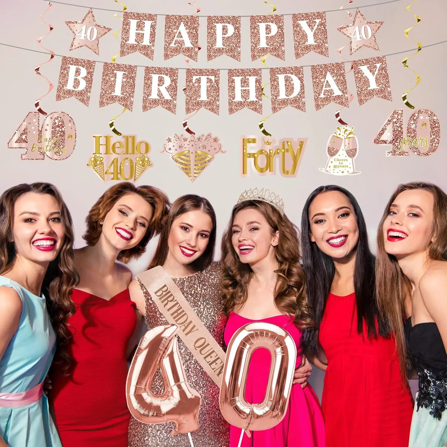 Rose Gold 40th Birthday Decorations Set for Women, 15PCS Pink Party Supplies with Crown Sash Banner Balloons Hanging Swirls, Happy 40 Birthday Decor Gift Ideas for Her, birthday girl gifts