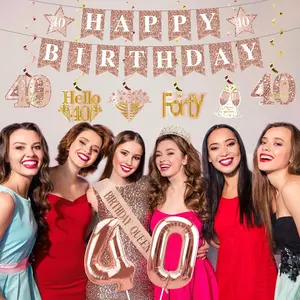 40th Birthday Decorations for Women - Pink Rose Gold Crown Sash Banner Hanging Swirls Balloon Set, 15pcs Happy 40th Birthday Party Supplies Kit for Her 40 Years Decor (Rose Gold Pink)
