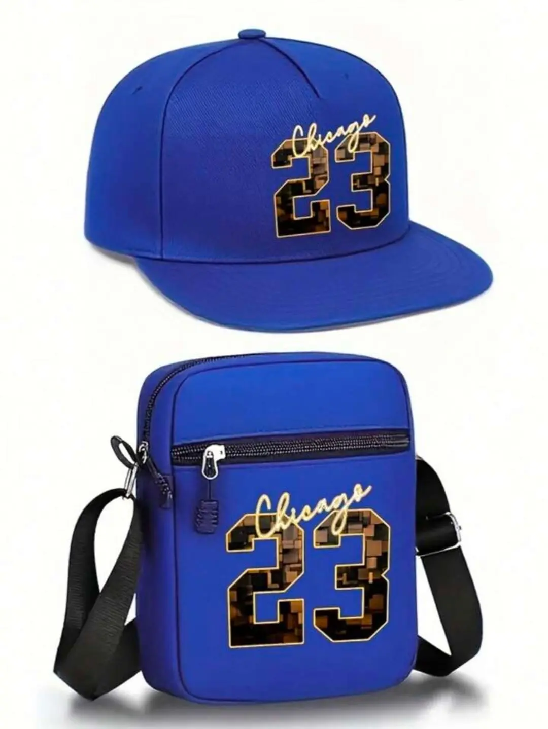 2pcs Classic Chicago 23 Letter & Number Gold Print Unisex Flat Brim Hip Hop Baseball Cap And Crossbody Bag, Street Fashion Outdoor Sports Cap And Shoulder Bag