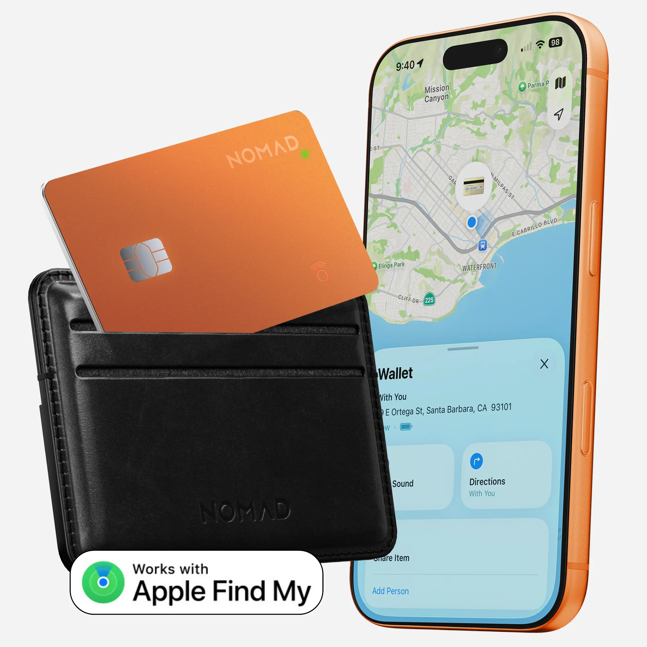 NOMAD Tracking Card Pro Wireless GPS Tracker - Hidden GPS Tracking Rechargeable IPX7 Metal Anti-Lost Tag, Portable Mini Wearable Bluetooth Device, Li-ion Batteries, iOS Find My Device Support, Wallet-Friendly, Stellar Orange
