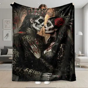 1pc Gothic Sugar Skull Couple Flannel Fleece Throw Blanket, Super Soft Warm Plush Bedding For Couch Sofa, Cozy Birthday Gift For Adults Men Women, Soft Blankets